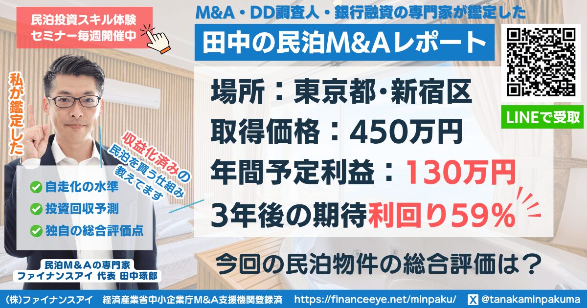 民泊投資物件#10|東京都新宿区|期待利回り59%/回収4年/価格450万円