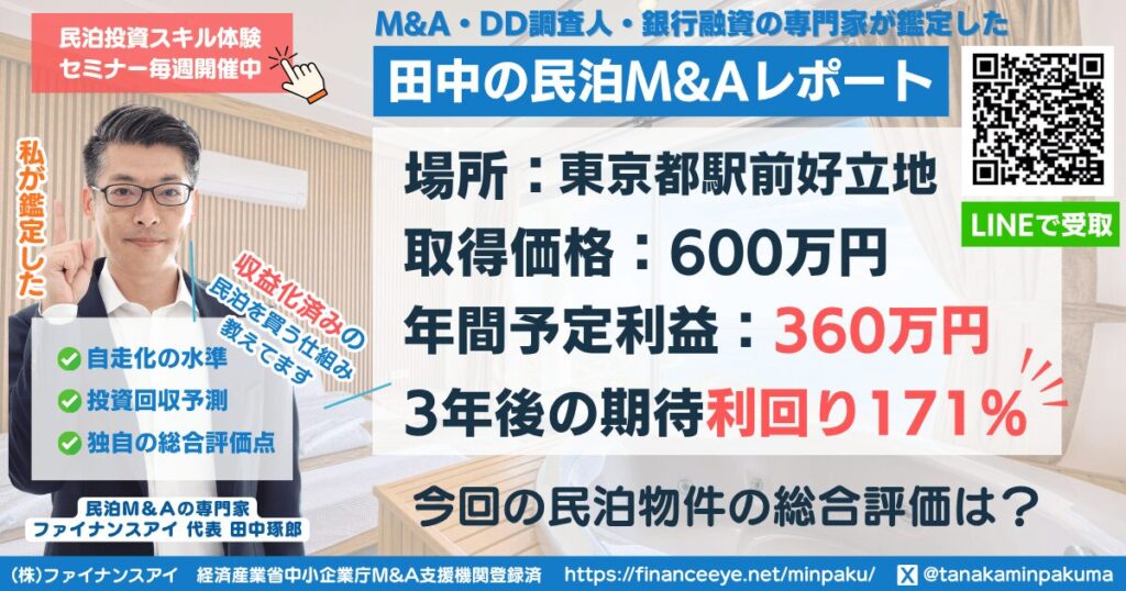 民泊投資物件#11｜東京都(駅前好立地)｜期待利回り171％／回収1.8年／価格600万円