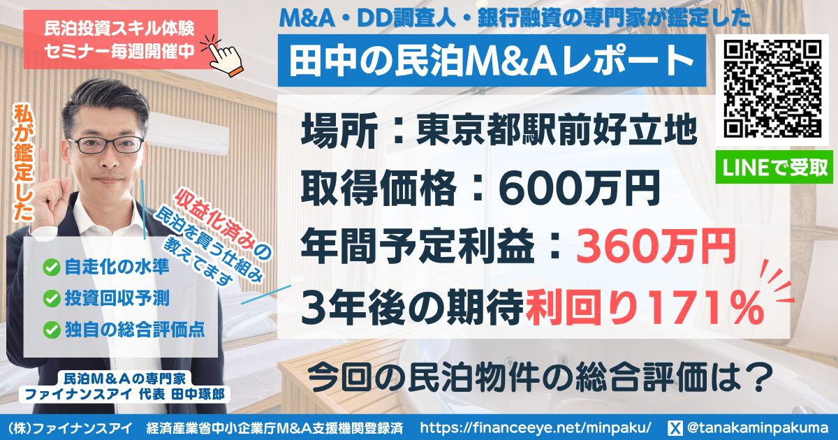 民泊投資物件#11｜東京都(駅前好立地)｜期待利回り171％／回収1.8年／価格600万円