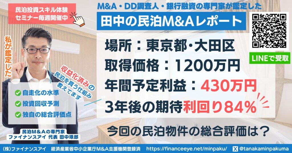 民泊投資物件#9｜東京都・太田区｜期待利回り84％／回収3.3年／価格1,200万円