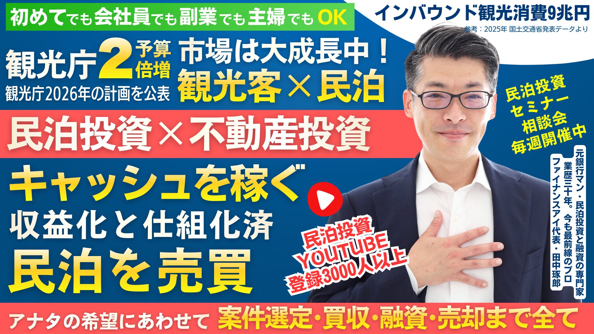 田中の民泊投資｜銀行で評価される・収益化済み民泊資産を買う。最短3年でFIREできる。キャッシュリッチ民泊投資。