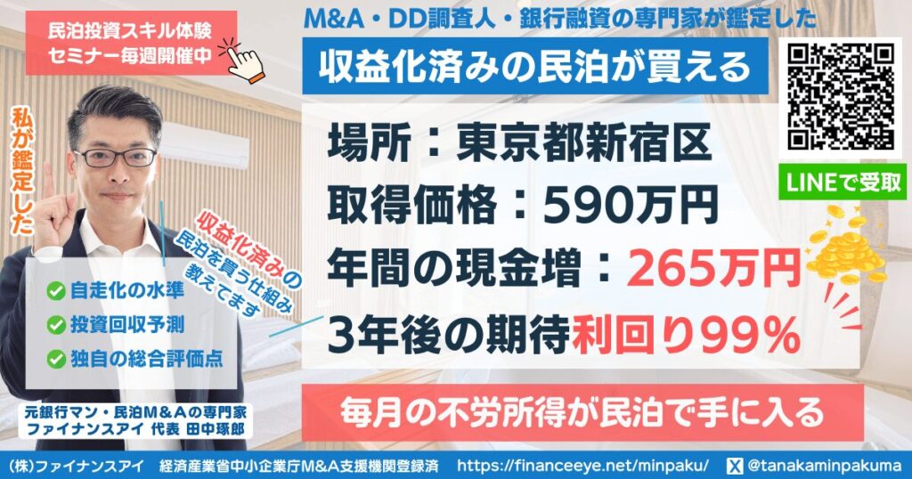 買える収益化済み民泊物件#24｜東京都新宿区｜期待利回り99％／回収2.8年／価格590万円
