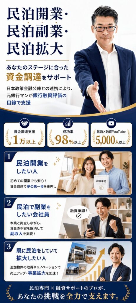 民泊開業・民泊副業・民泊拡大 あなたのステージに合った資金調達をサポート