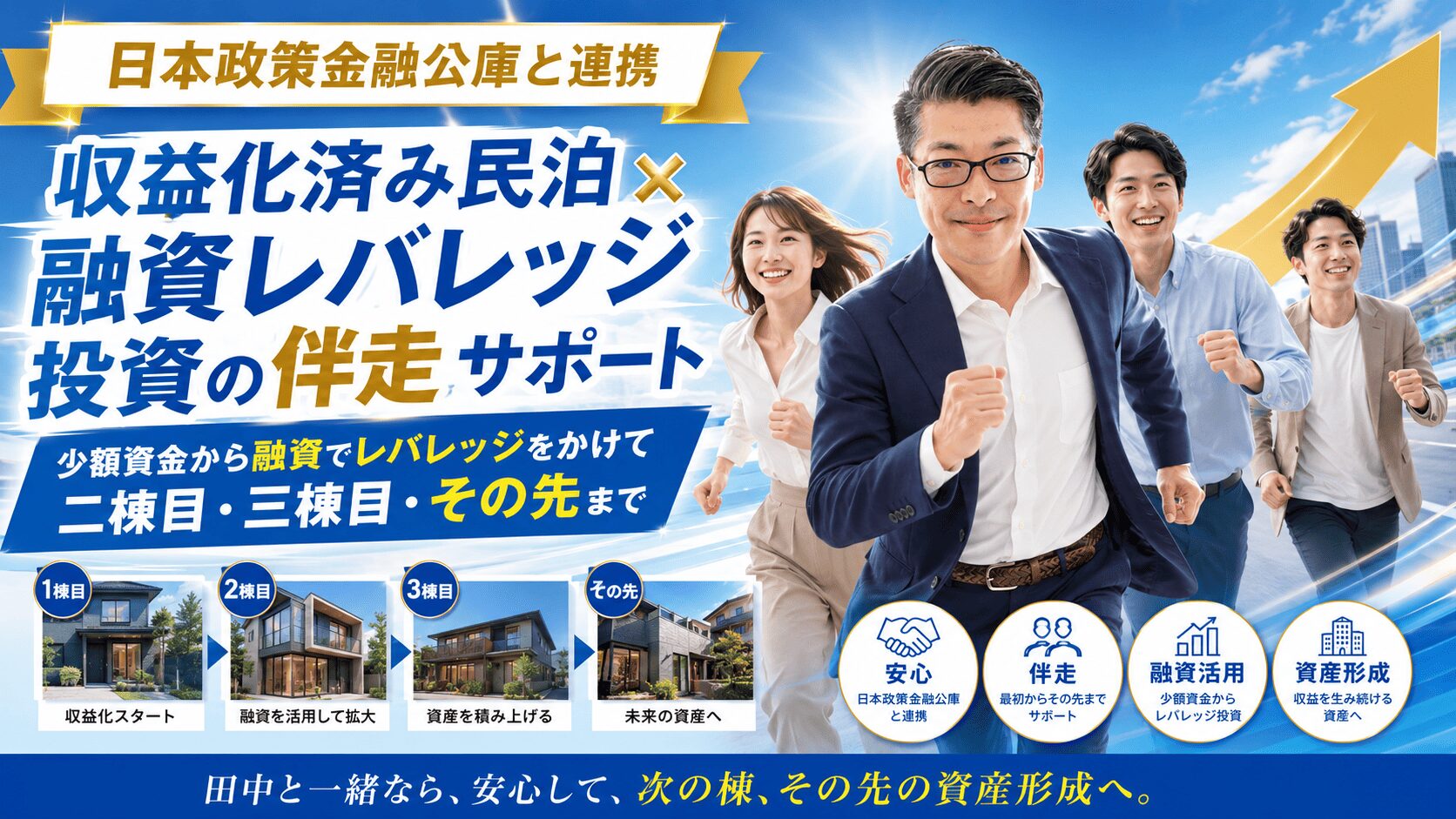 収益化済み民泊×融資レバレッジ戦略を元銀行マンが伴走サポート。日本政策金融公庫と連携