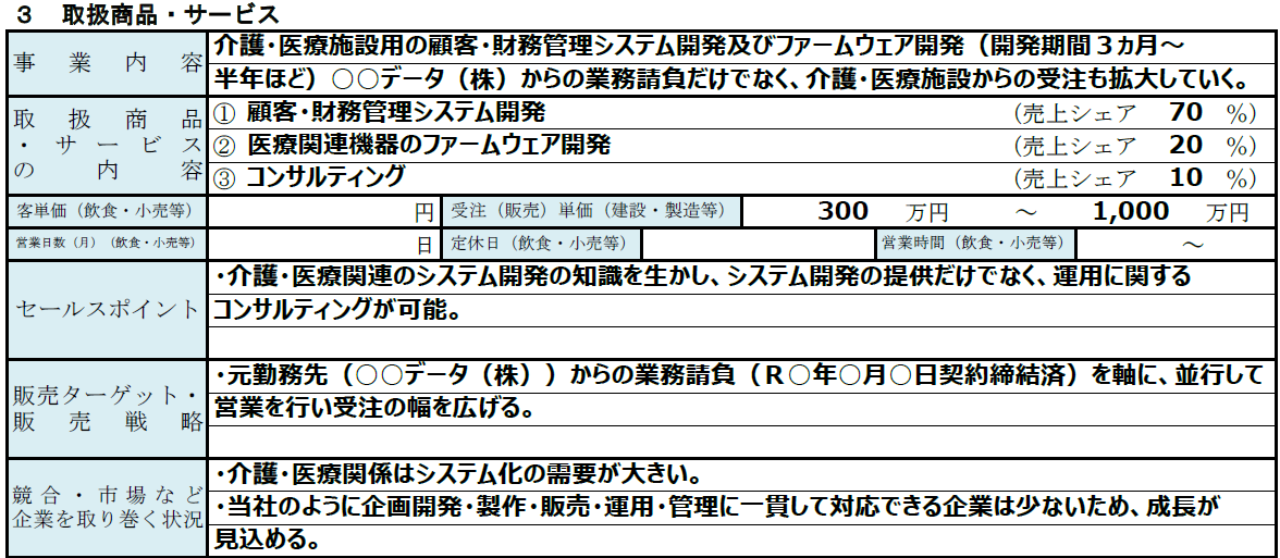 参考：取扱い商品・サービスの記載例｜日本政策金融公庫・創業計画書