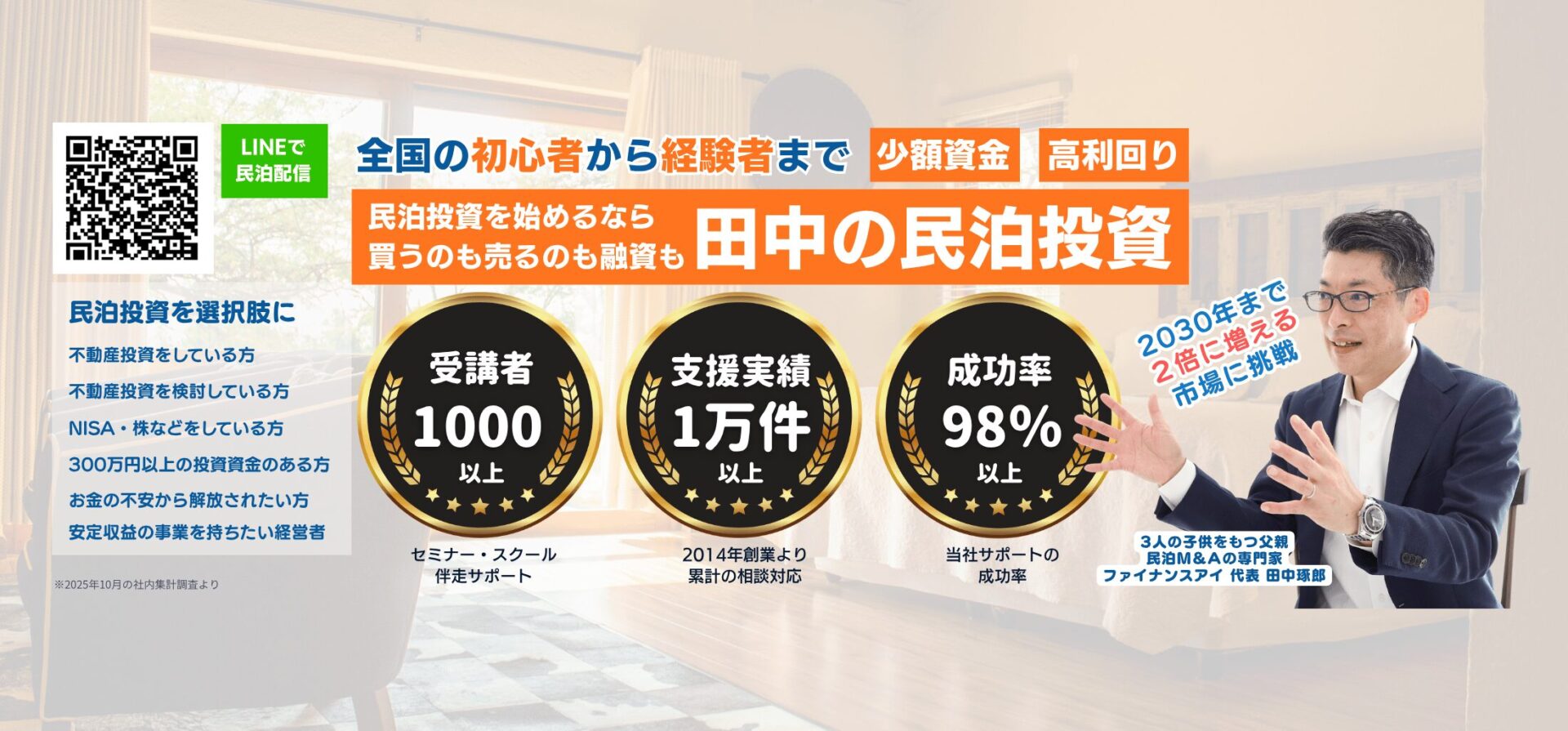 民泊投資・民泊M&A。田中の民泊投資｜買うのも売るのも融資もお任せ。